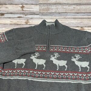 Eddie‎ Bauer Mens Large Gray Fair Isle Reindeer Quarter Zip Sweater Holiday